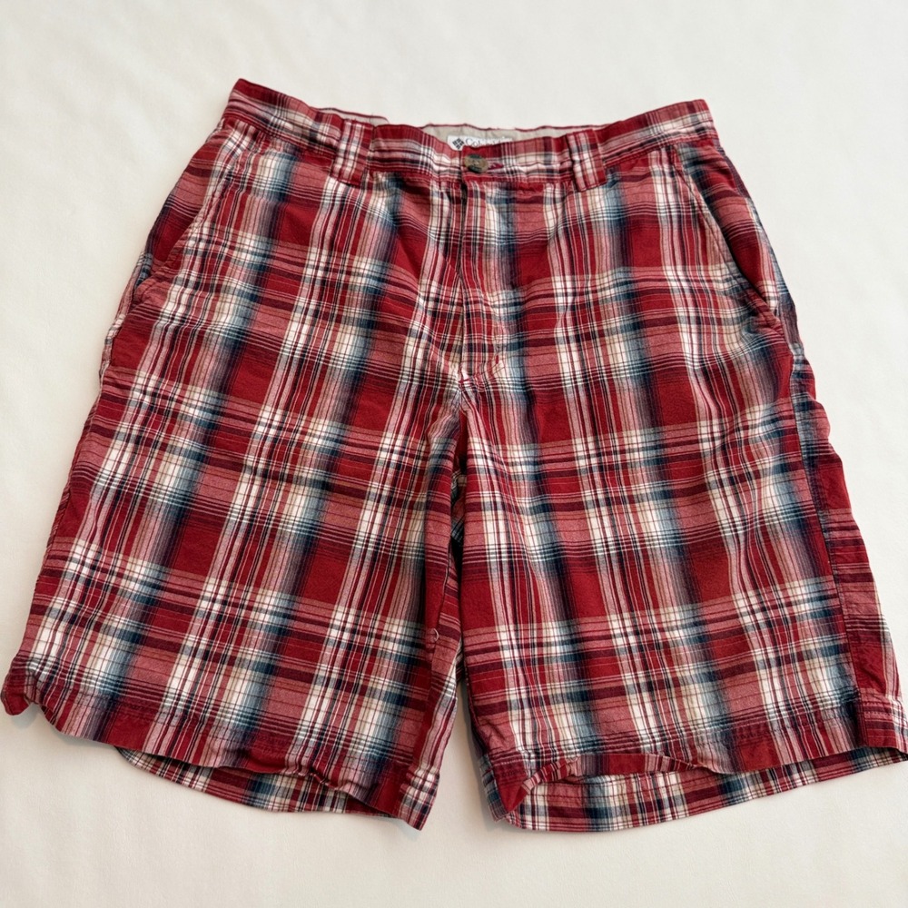 Columbia Shorts Mens 32 Red Plaid Cotton Casual Outdoor Hiking AM4513
